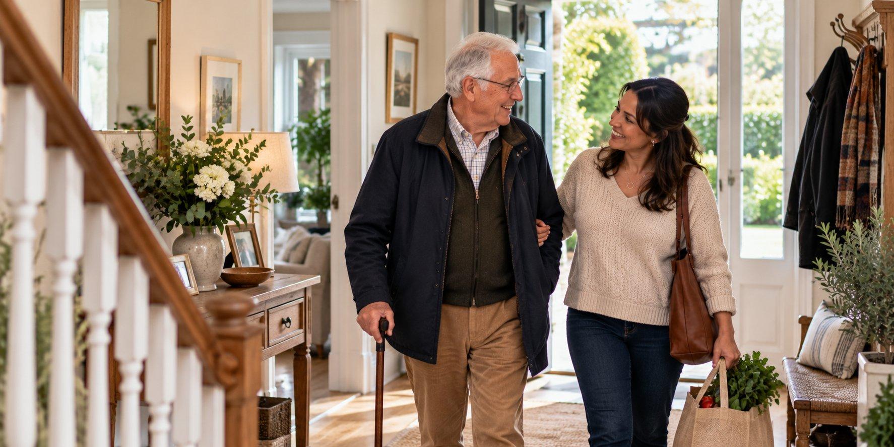 A carer walking arm-in-arm with her client through the hallway of his home